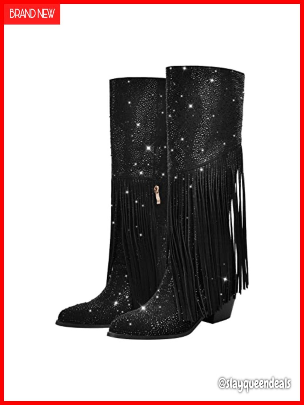 Rhinestone Knee High Boots Pointed Toe Block Heel Pull-On